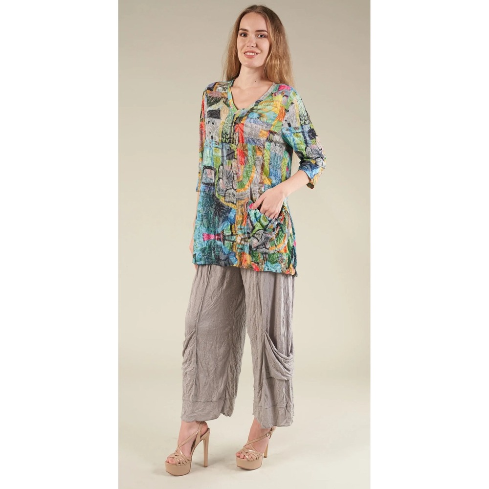 Shana Womens XXL Abstract Village Print V-Neck Tunic Top 3/4 Sleeve Artsy Color
